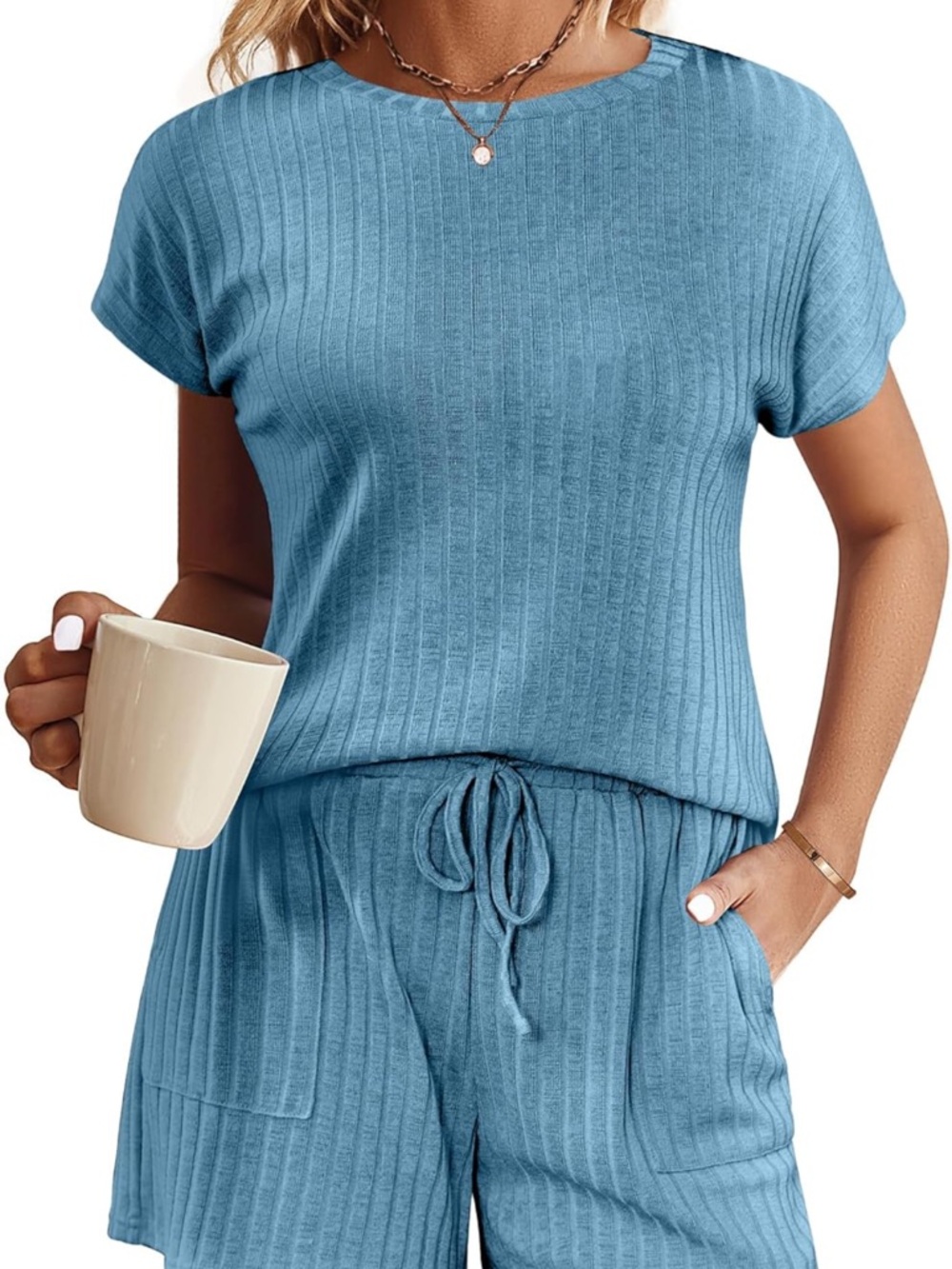 NEW Women's Medium Ribbed Short Sleeve Top & Shorts Loungewear Set - Blue